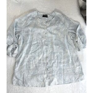 Tahari fern linen‎ blouse Womens 1x light blue tropical 3/4 sleeve roll tab